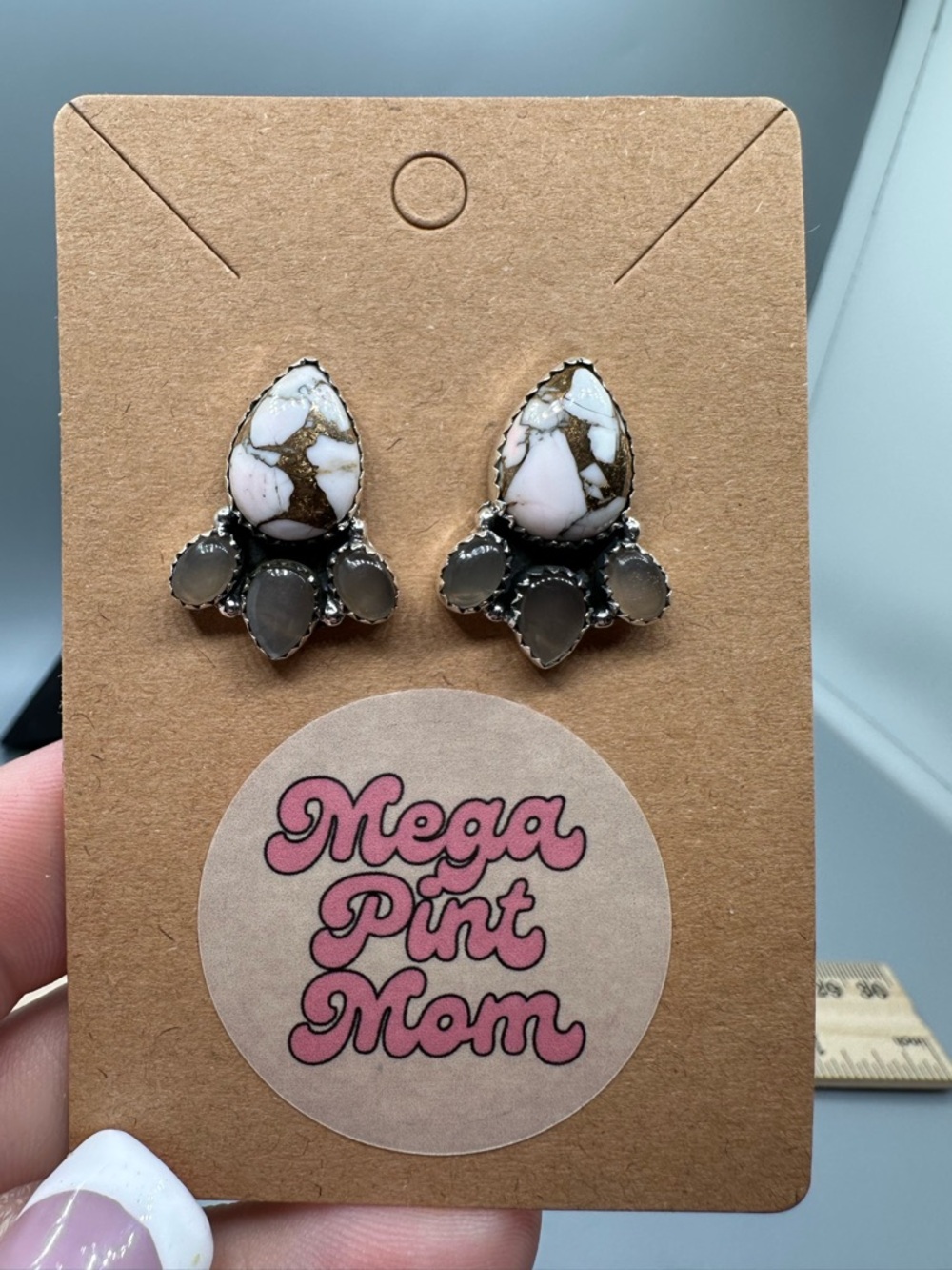 Chocolate Moonstone & Angel Dahlia Sterling Silver 925 Post Earrings Handmade